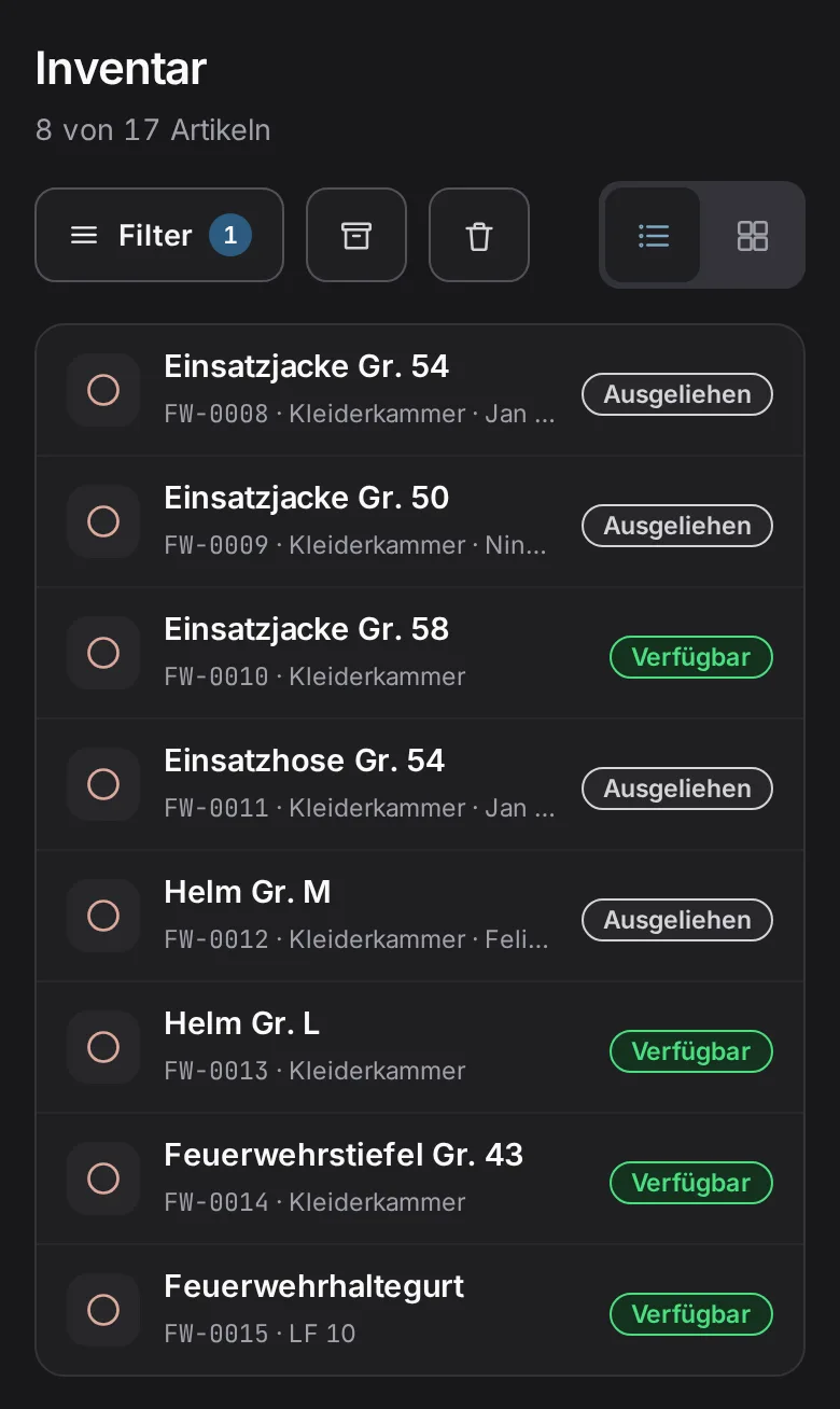 Materialwart auf dem Handy: Schutzausrüstung nach Größe, persönlich ausgegeben oder in der Kleiderkammer verfügbar