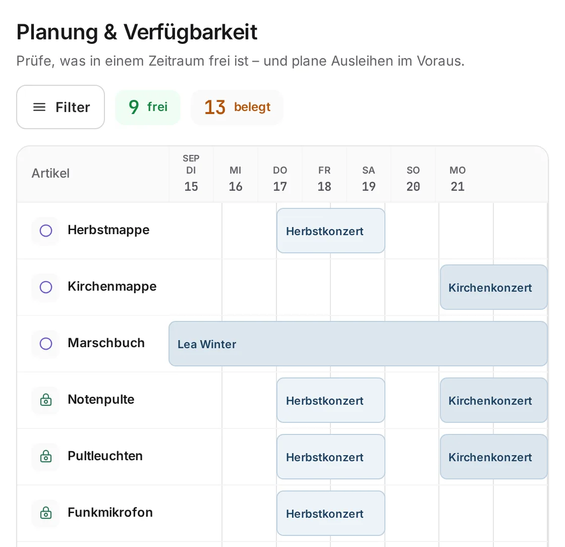Materialwart-Planung: Notenmappen, Pulte, Leuchten und Mikrofon für Herbst- und Kirchenkonzert reserviert
