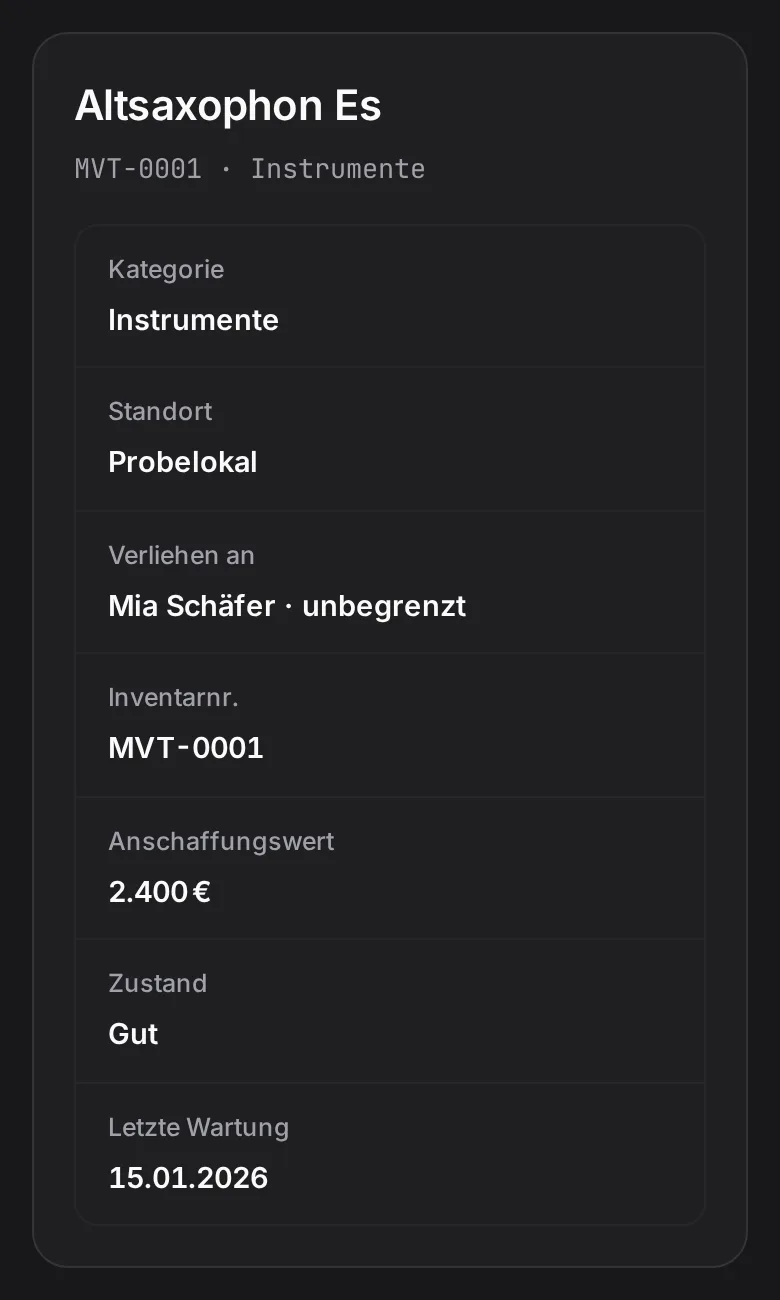 Materialwart auf dem Handy: Altsaxophon, verliehen an eine Jungmusikerin ohne Frist, mit Anschaffungswert, Zustand und letzter Wartung