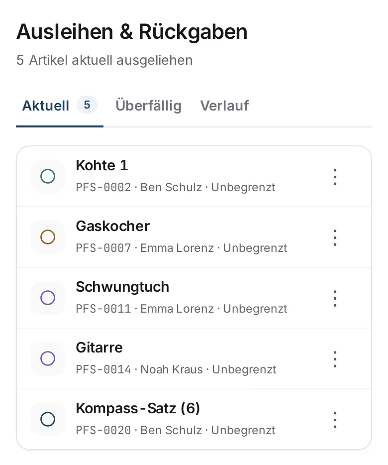Materialwart auf dem Handy: offene Ausgaben — Kohte, Gaskocher, Schwungtuch, Gitarre und Kompass-Satz mit Namen