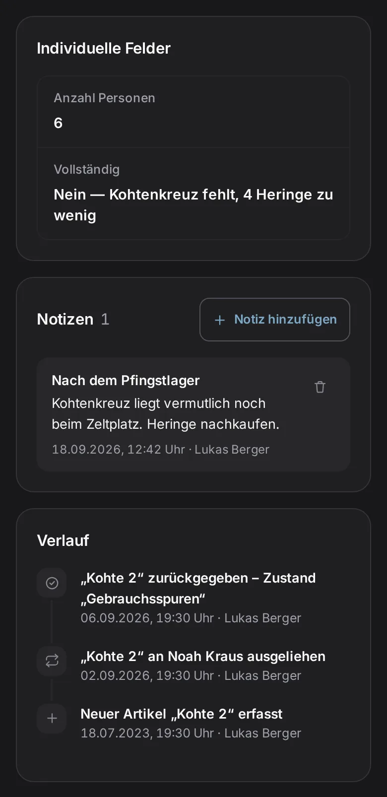 Materialwart auf dem Handy: Kohte mit „Vollständig: Nein — Kohtenkreuz fehlt“, Notiz nach dem Pfingstlager und Verlauf