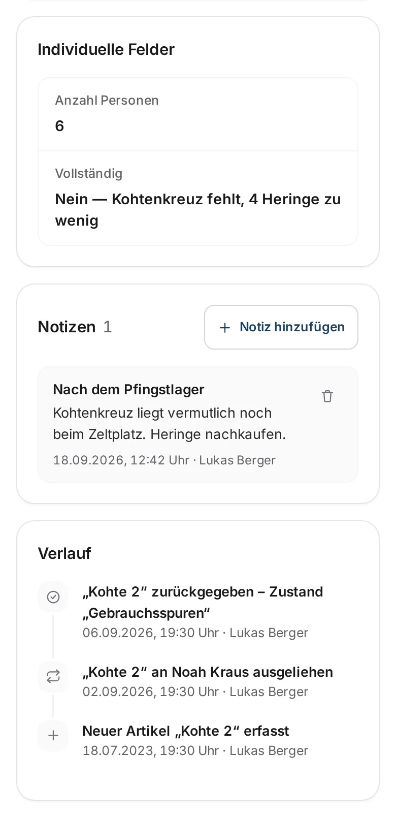 Materialwart auf dem Handy: Kohte mit „Vollständig: Nein — Kohtenkreuz fehlt“, Notiz nach dem Pfingstlager und Verlauf