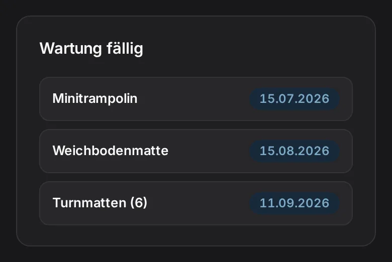 Materialwart-Bericht „Wartung fällig“: Minitrampolin, Weichbodenmatte und Turnmatten mit Fälligkeitsdatum