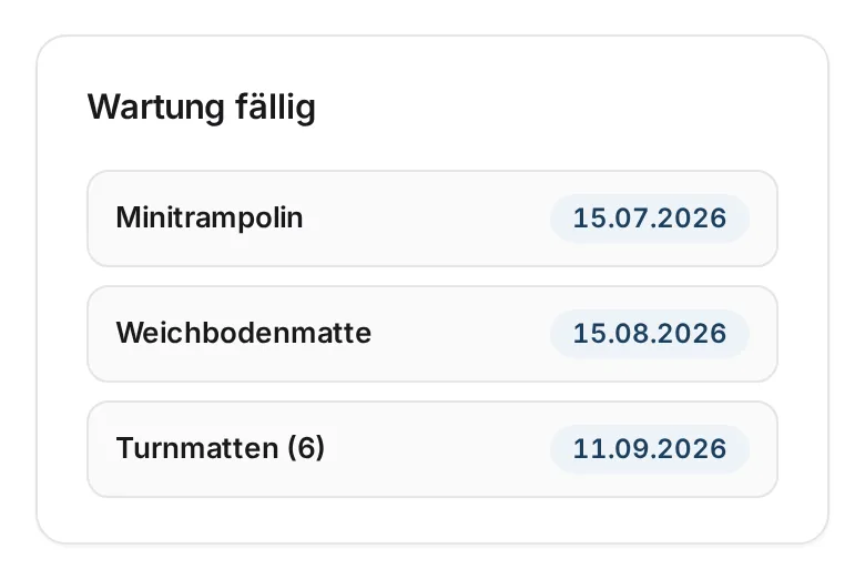 Materialwart-Bericht „Wartung fällig“: Minitrampolin, Weichbodenmatte und Turnmatten mit Fälligkeitsdatum