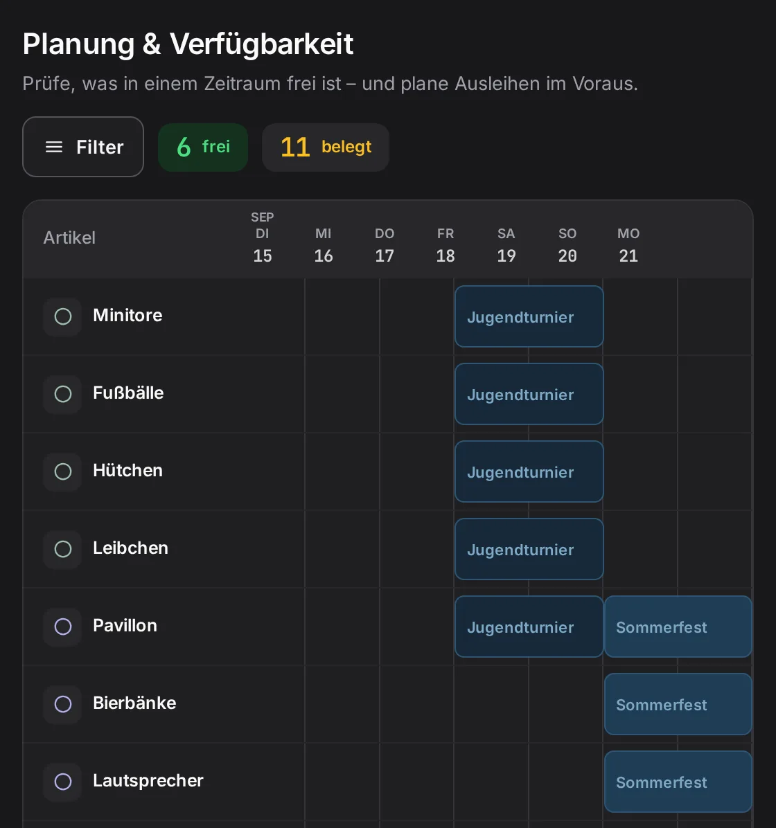 Materialwart-Planung: Tore, Bälle und Pavillon für ein Jugendturnier und ein Sommerfest reserviert