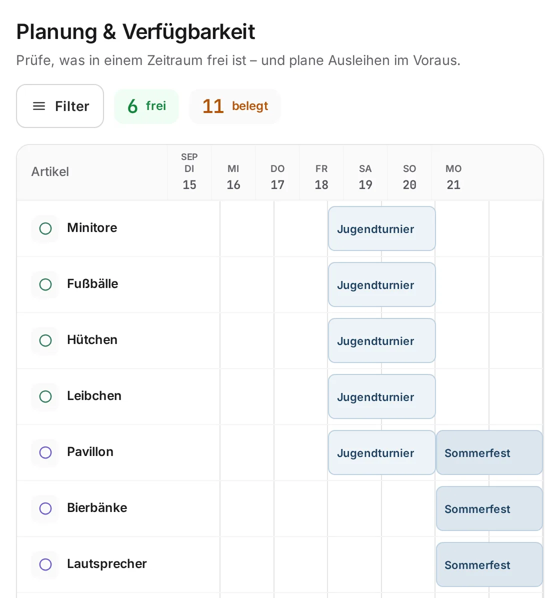 Materialwart-Planung: Tore, Bälle und Pavillon für ein Jugendturnier und ein Sommerfest reserviert